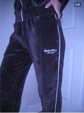 Sporty & Rich Brown Velour Joggers with White Piping